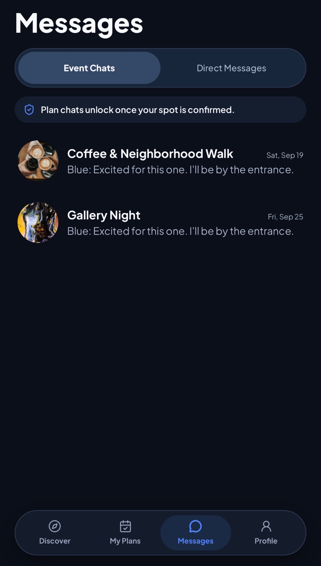 Meetra Messages screen with event chats for Coffee & Neighborhood Walk and Gallery Night