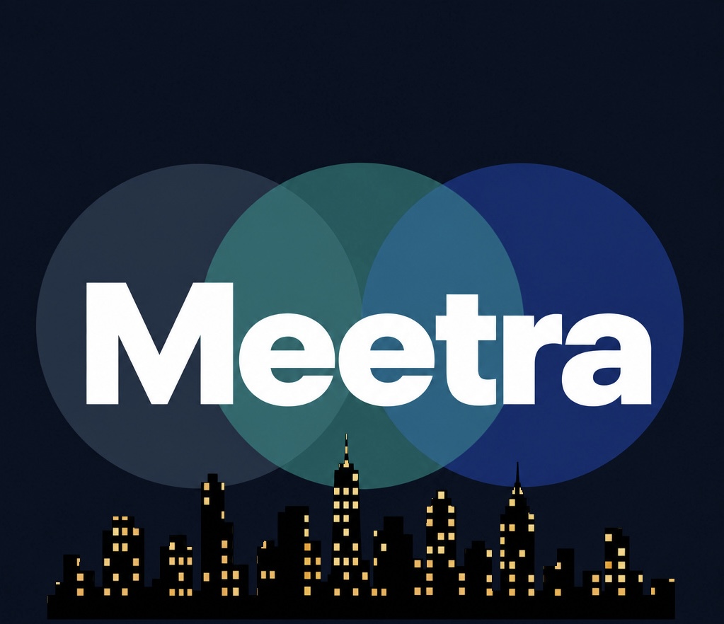 Meetra logo — overlapping circles above a lit city skyline